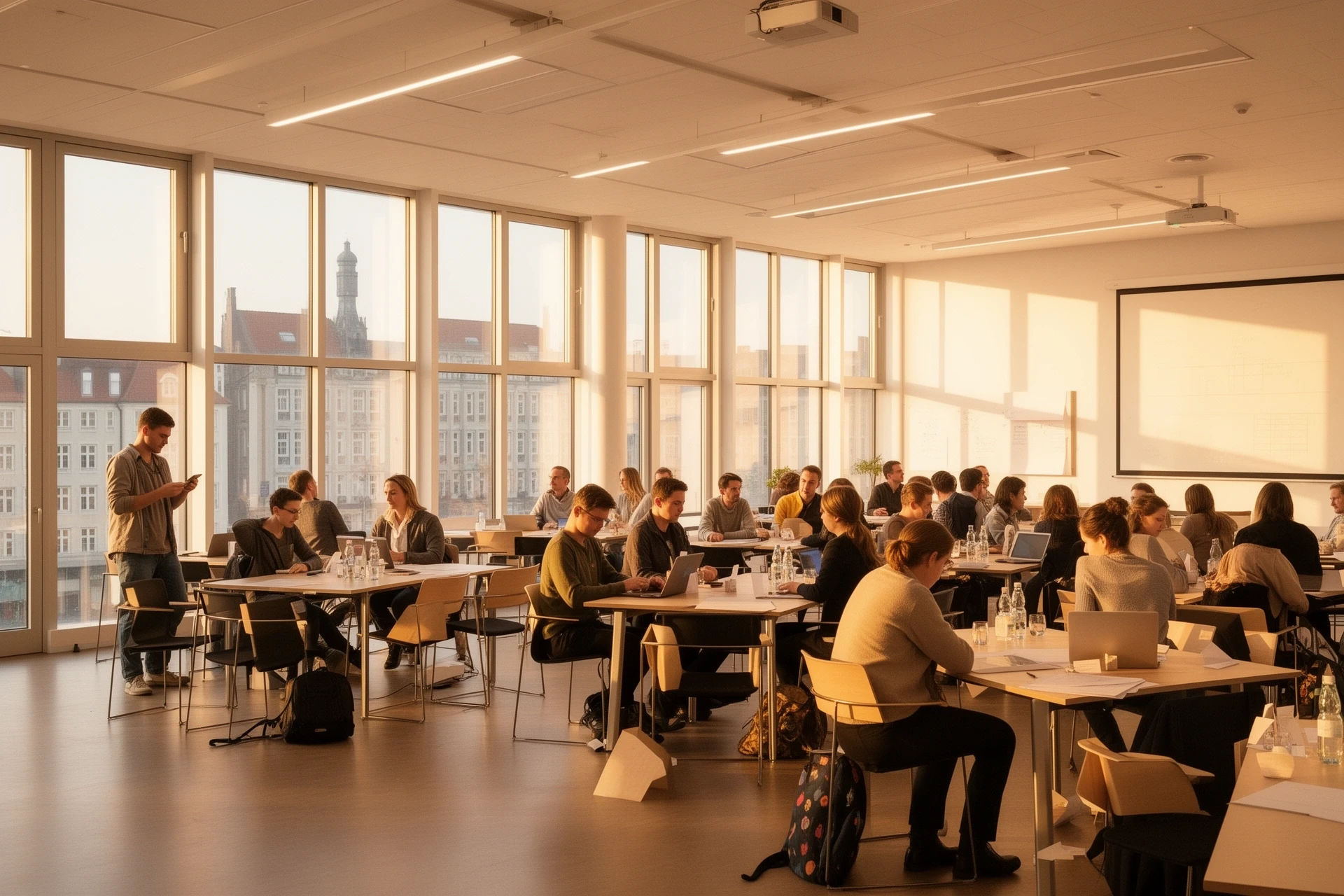 Moderner Kursraum mit Teilnehmern beim gemeinsamen Lernen, Hamburg